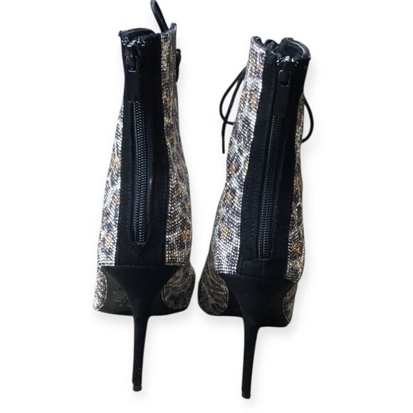 ANNE MICHELLE Women’s Cheetah Print Rhinestone Lace-Up Peep Toe Stiletto Booties - Picture 2 of 8